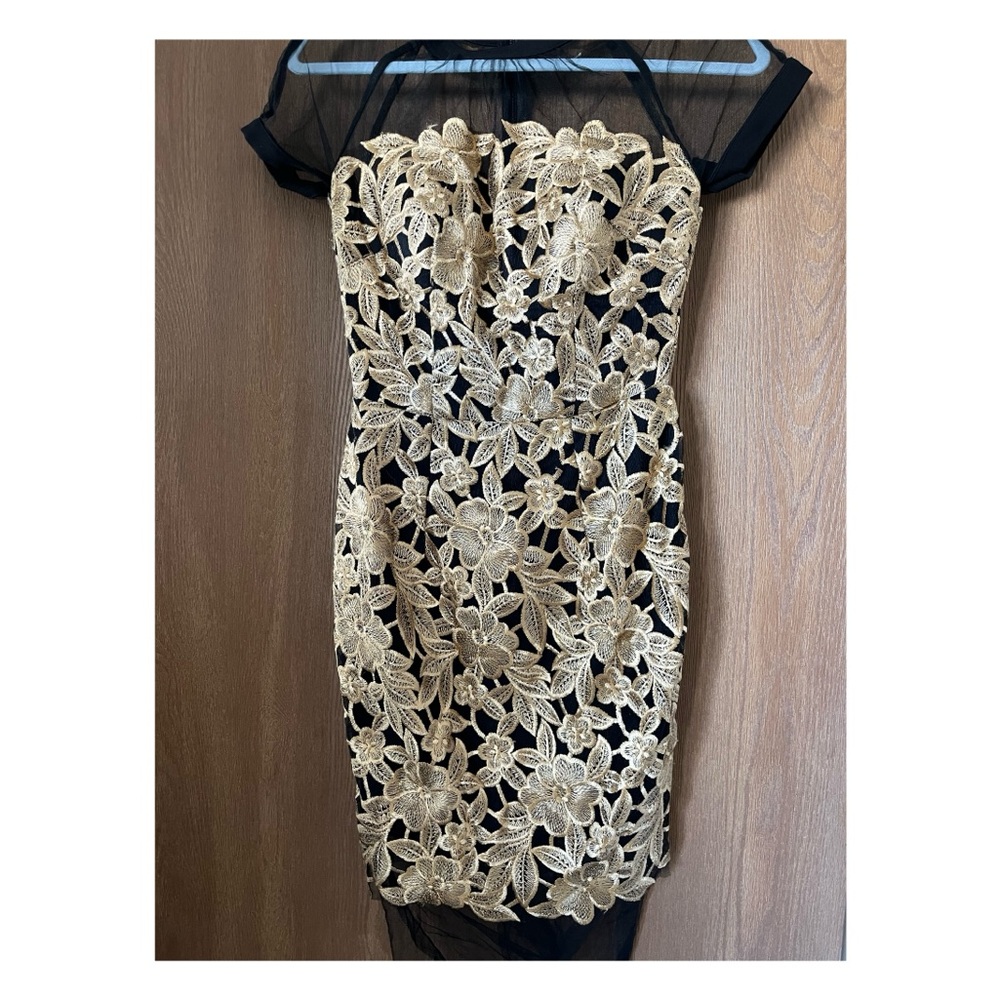 Elegant Black and Gold Floral Lace Dress